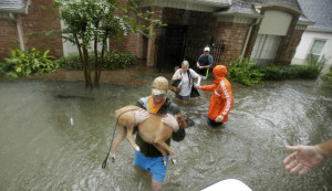 Volunteers evacuate a neighborhood inundated by floodwaters from Tropical Storm Harvey on Monday, Aug. 28, 2017, in Houston, Texas. (AP Photo/Charlie Riedel)